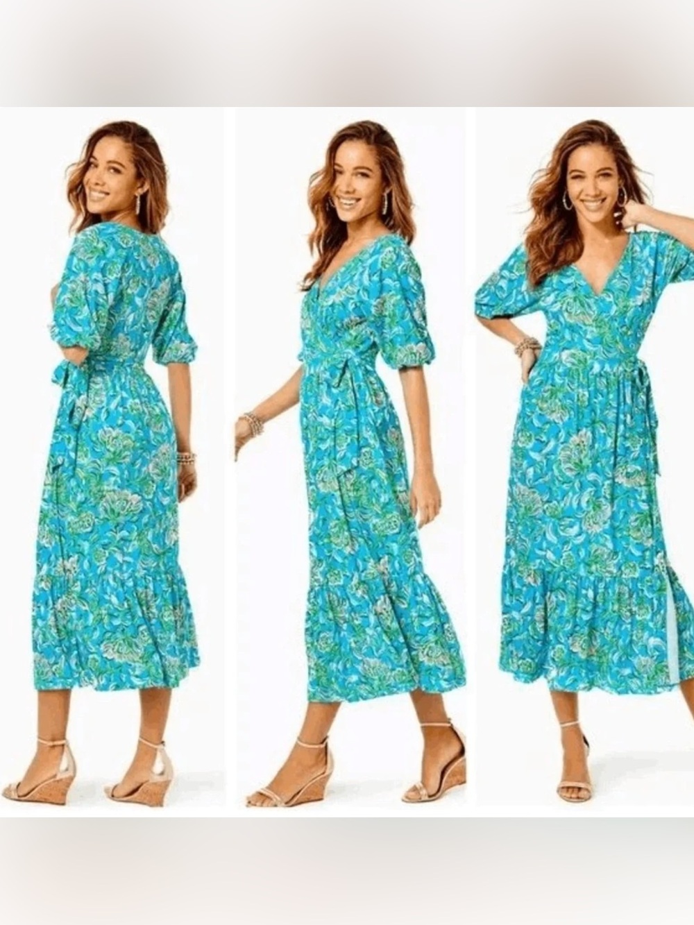 Lilly Pulitzer Brantley Midi Wrap Dress Turquoise Floral XS NWT